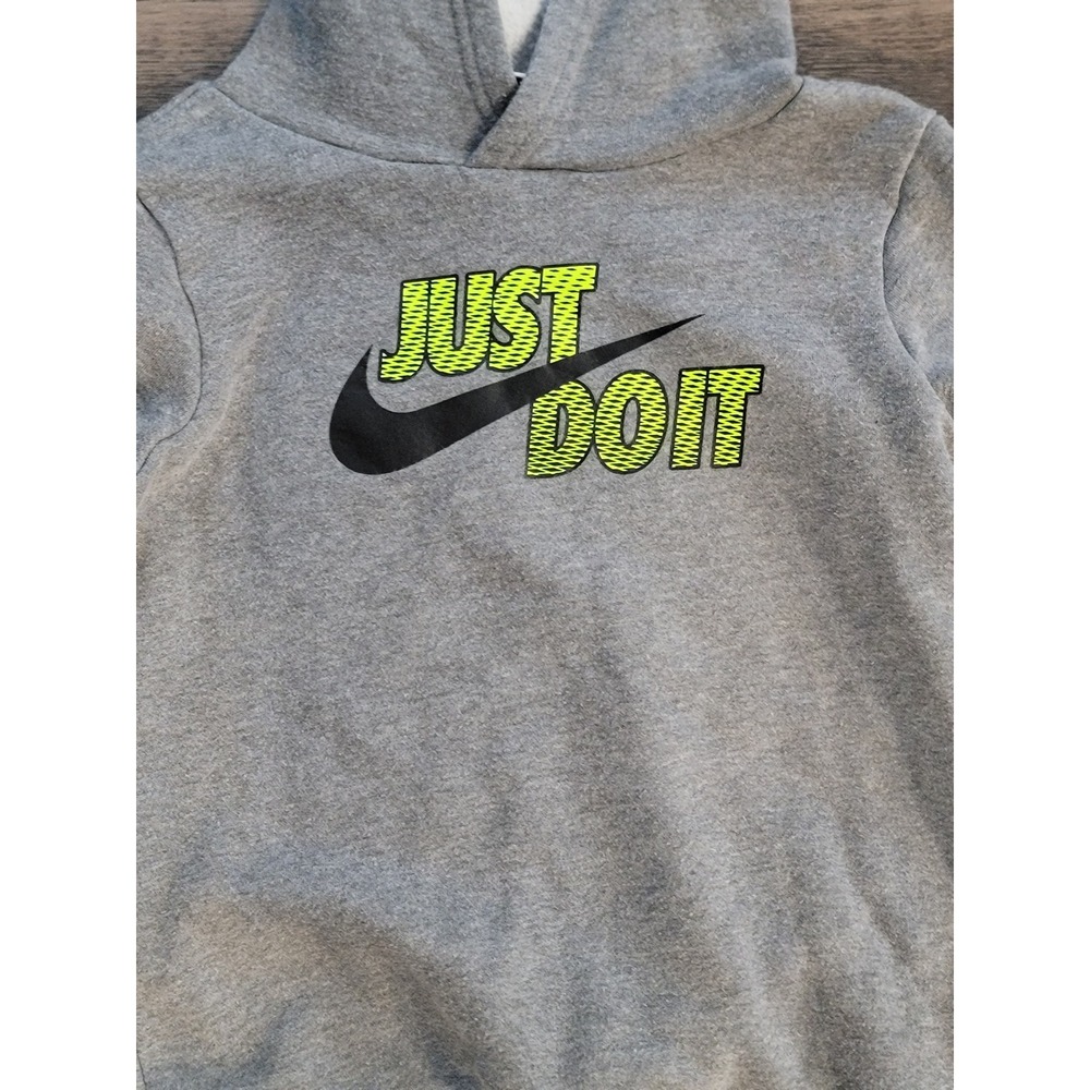 Nike Boys Just Do It Hoodie Gray Neon Green Graphic Fleece Sweatshirt Size 6-7Y